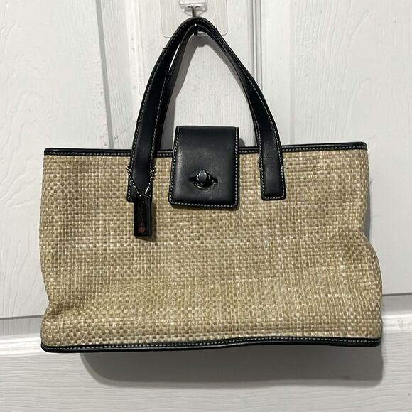Coach Handbags - Coach Vintage Woven Turn Lock Straw Rattan Leather Small Shoulder Bag